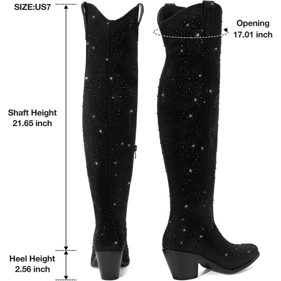 Women's Black Rhinestone Sparkly Over Knee Pointed Toe Chunky High Heel Boots - Picture 5 of 6